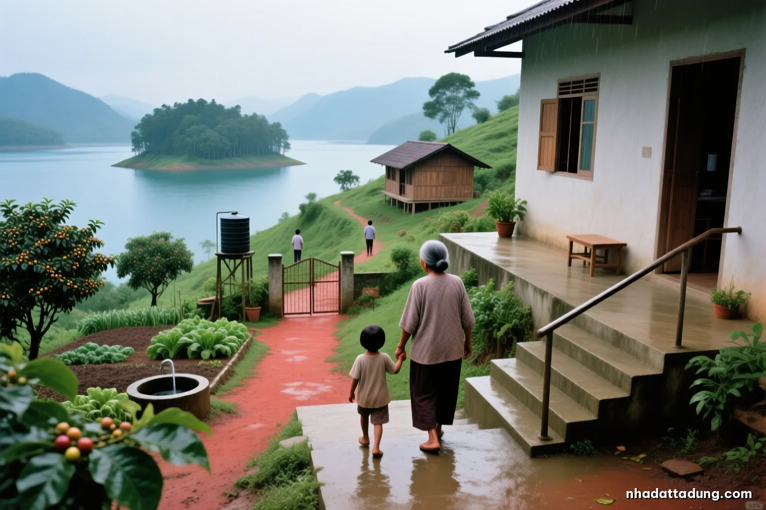 An elderly woman seen from behind walking down wide concrete steps with a handrail beside a hillside house, a small child holding her hand, wet leaves after rain, soft light